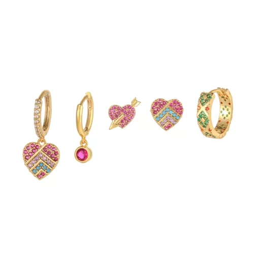 Retro-Color-Block-Heart-Shape-Brass-Gold-Plated-Zircon-Earrings-5-Piece-Set